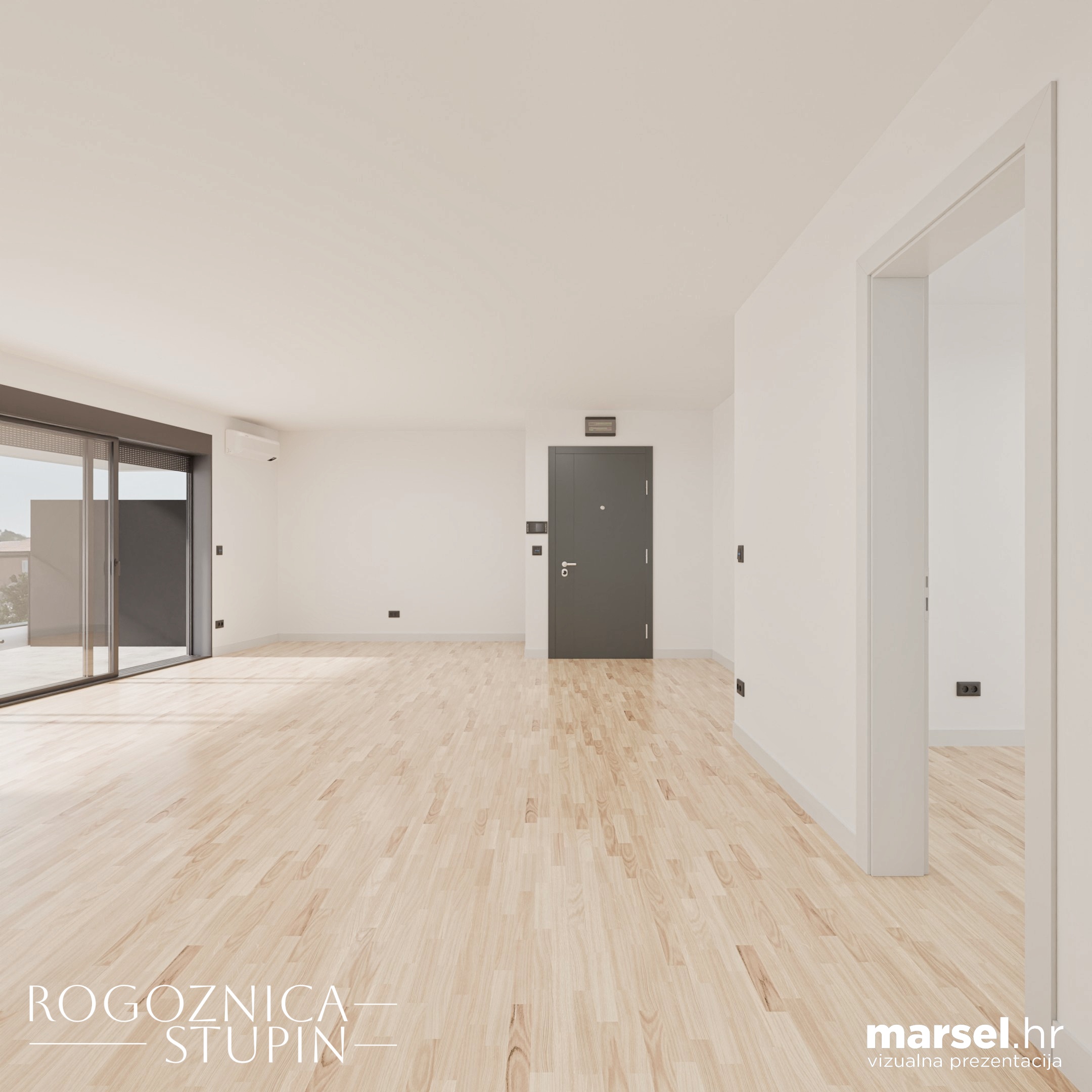 Vizualizacija interijera apartmana u novogradnji Rogoznica Stupin. Prostrani i svijetli unutarnji prostori s pogledom na more, idealni za stanovanje ili investiranje u apartman na dalmatinskoj obali.